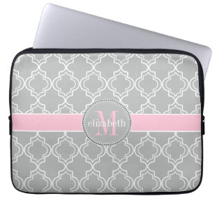 Capa Para Notebook Tenente-Cinza Rosa Branco Quatrefoil Monograma