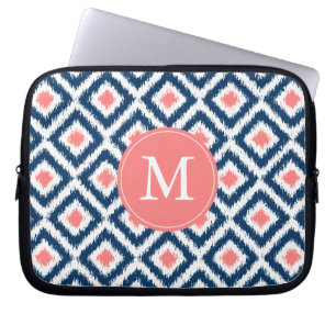 Capa Para Notebook Teste padrão coral azul Monogrammed de Ikat do