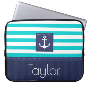 Capa Para Notebook Texto Personalizado de Padrão Náutico Striped Azul