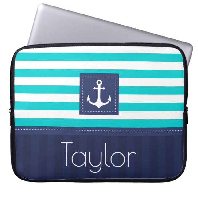Capa Para Notebook Texto Personalizado de Padrão Náutico Striped Azul (Frente)