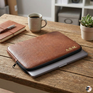 Capa Para Notebook Textura de Couro Marrom Monograma Personalizado