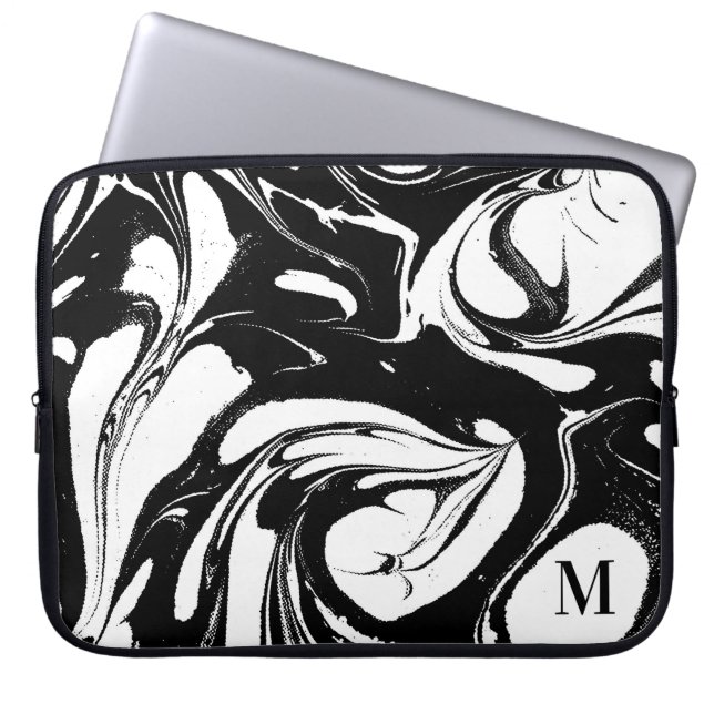 Capa Para Notebook Textura De Mármaco Branco E Preto Monograma (Frente)