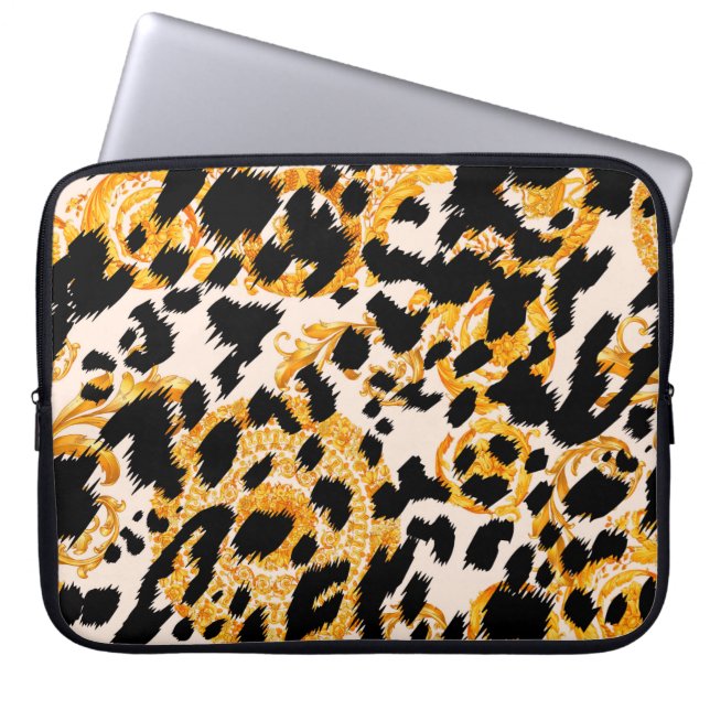 Capa Para Notebook Textura leopardo com padrão barroco-ouro (Frente)