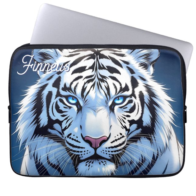 Capa Para Notebook Tigre Branco de Olhos Azuis Personalizado (Frente)