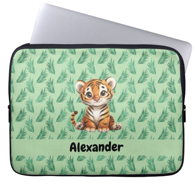 Capa Para Notebook Tigre de desenho animado em folhas tropicais (Frente)