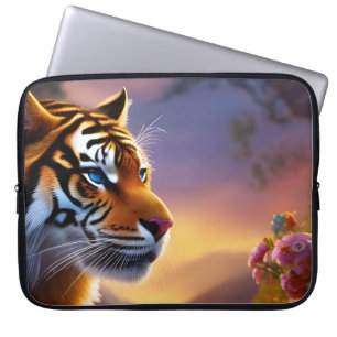 Capa Para Notebook Tigre de olhos azuis e flores cor-de-rosa
