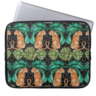 Capa Para Notebook Tigre e Folhas em Padrão Sem Costura