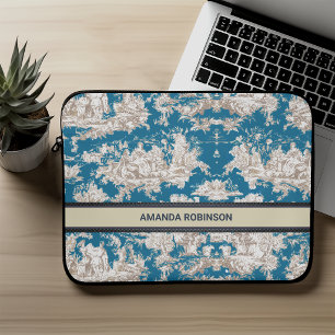 Capa Para Notebook Toile de jouy monograma azul turquesa vintage