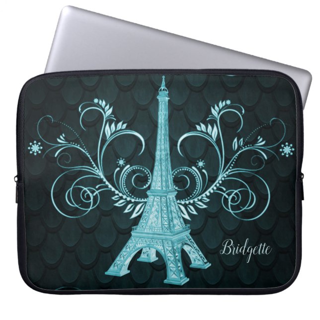 Capa Para Notebook Torre Eiffel Torre Teal Floral (Frente)