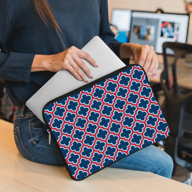 Capa Para Notebook Trellis, Latice, Quatrefoil, azul e vermelho marro (Criador carregado)