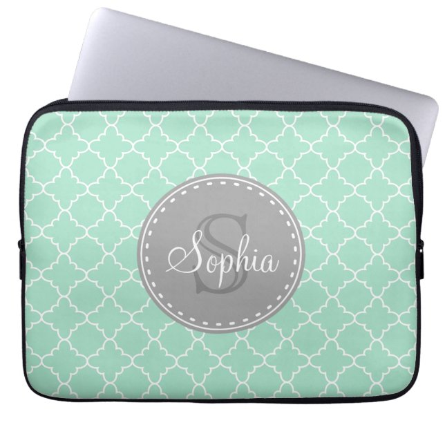 Capa Para Notebook Trendy Mint Trellis Pattern Monograma de Cinzas (Frente)