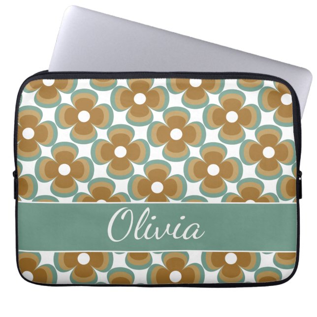 Capa Para Notebook Trendy Teal Caramel Retro Groovy Flowers Seamless (Frente)