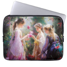 Três garotas brincando num jardim