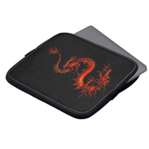 Capa Para Notebook Tribal Asian Red Dragon on Black Laptop Sleeve