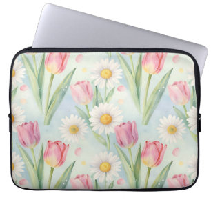 Capa Para Notebook Tulipa Rosa Margarida Aquarela Padrão Primavera