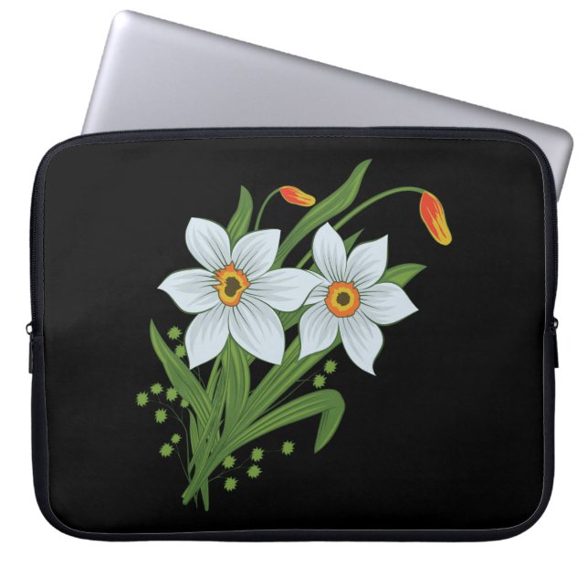 Capa Para Notebook Tulipas e Narcisos Flores Fundo Preto (Frente)