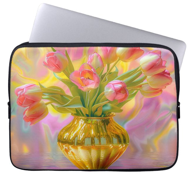 Capa Para Notebook Tulipas Rosa Vibrantes em Vase Ouro (Frente)