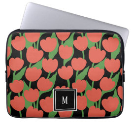 Capa Para Notebook Tulipas vermelhas retro, monograma personalizado