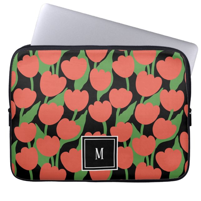 Capa Para Notebook Tulipas vermelhas retro, monograma personalizado (Frente)