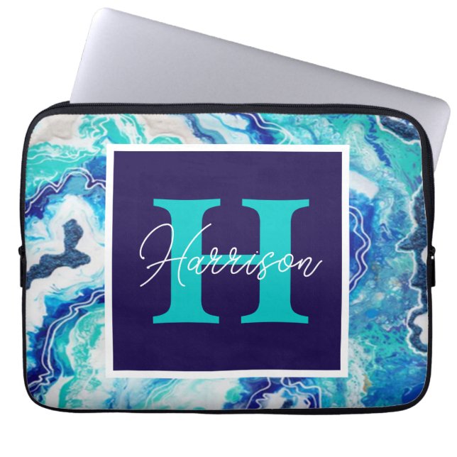 Capa Para Notebook Turquesa e Monograma Azul Marble Nome Beachê (Frente)