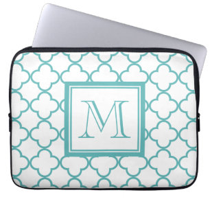 Capa Para Notebook Turquesa e Quatrefoil branco seu monograma