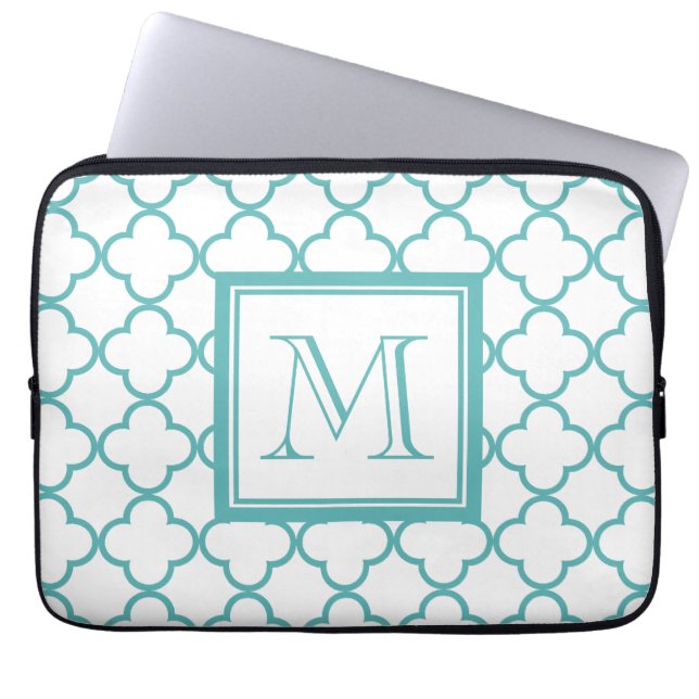 Capa Para Notebook Turquesa e Quatrefoil branco | seu monograma (Frente)