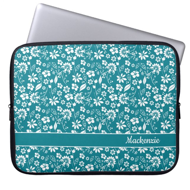 Capa Para Notebook Turquesa Flores Tropicais Teais Monograma (Frente)