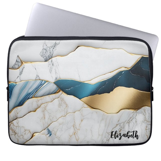 Capa Para Notebook Turquesa Mármore Pedra Branco Resfriado Dourado (Frente)