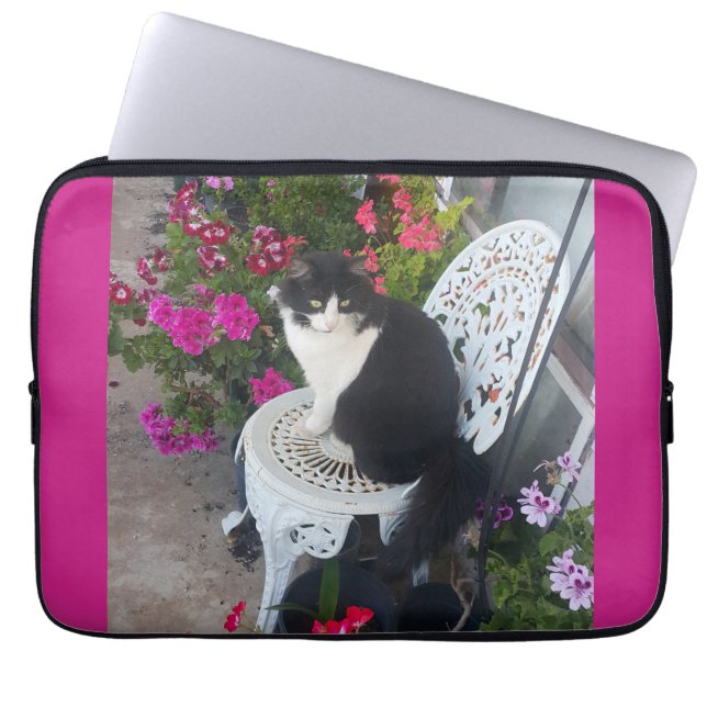 Capa Para Notebook Tuxedo Cat Maroon Dark Pink Cats and Flowers (Frente)