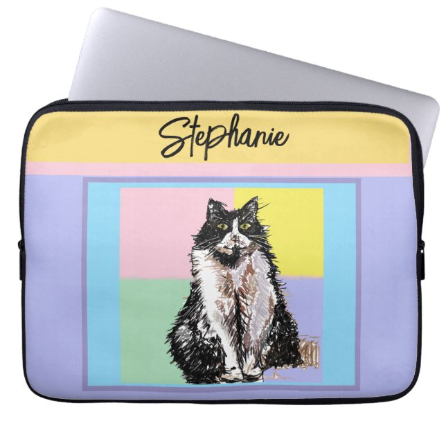 Capa Para Notebook Tuxedo Cat Pastel Cores Rosa Meninas Rosa Nome (Frente)
