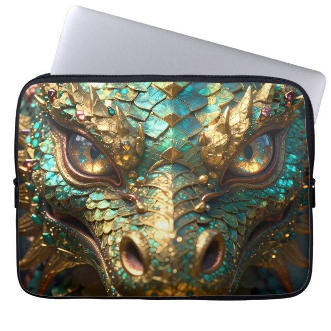 Capa Para Notebook Um Dragão Místico Turquesa e Dourado (Frente)