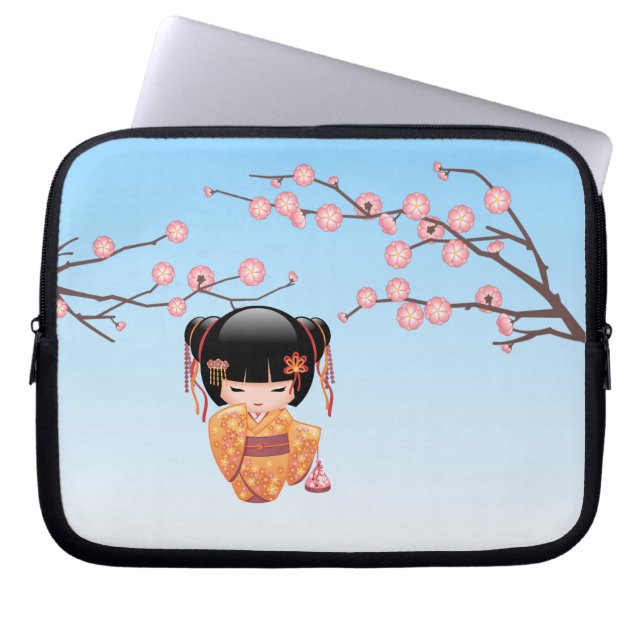 Capa Para Notebook Ume Kokeshi Doll - Japonesa Geisha Girl Blue (Frente)