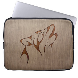 Capa Para Notebook Urro do lobo gravado no design de madeira