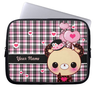 Capa Para Notebook Urso bonito com os balões na xadrez preta e