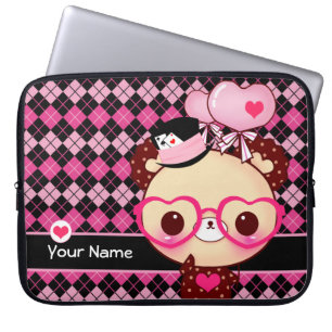 Capa Para Notebook Urso bonito com vidros no argyle preto e