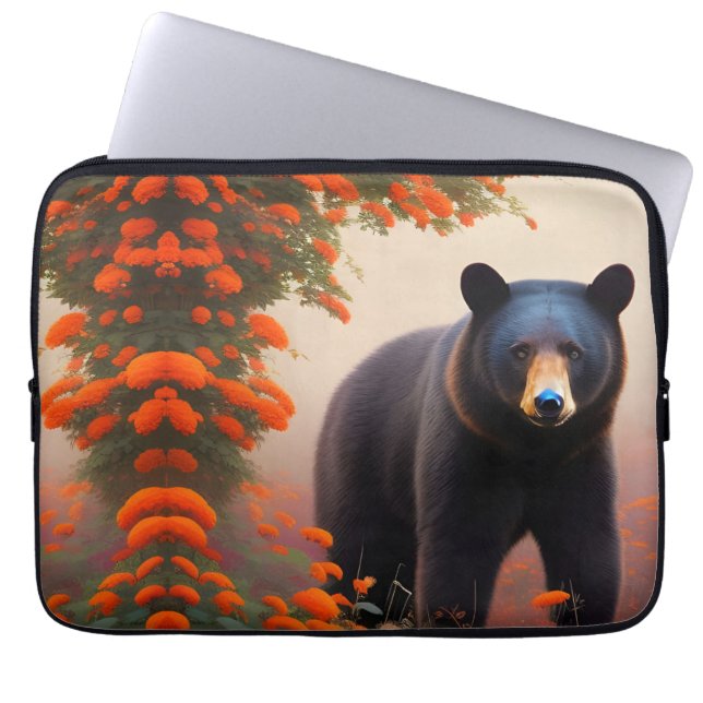Capa Para Notebook Urso Negro em flores laranja (Frente)