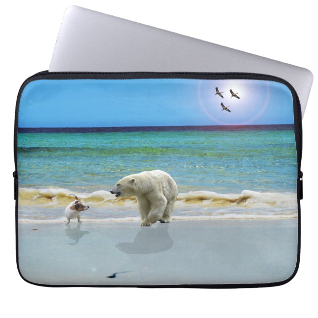 Capa Para Notebook Urso Polar E Jack Russel Na Praia, (Frente)