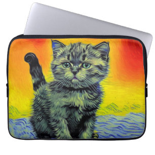 Capa Para Notebook Van Gogh Style Cat Sunset Beach