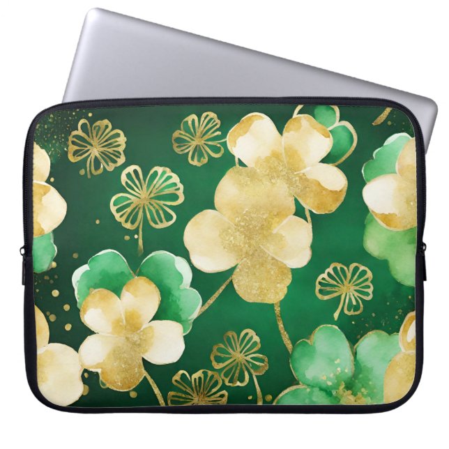 CAPA PARA NOTEBOOK VERDE E DOURADA WATERCOLOR IRLANDESA SHAMROCKS (Frente)
