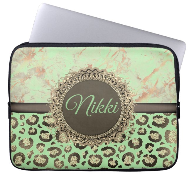 Capa Para Notebook Verde limão Marble Glittery Lepard (Frente)