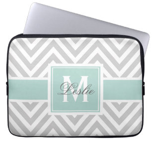 CAPA PARA NOTEBOOK VERDE MINTA, PADRÃO DE CHEVRON CINZA PERSONALIZADO