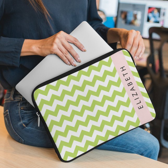 Capa Para Notebook Verde Zigzag, Verde Chevron, Seu Nome (Criador carregado)