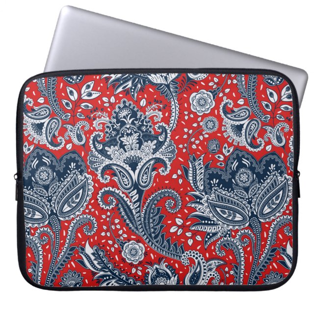 Capa Para Notebook Vermelho Branco e Azul Floral Paisley Bohemian Boh (Frente)