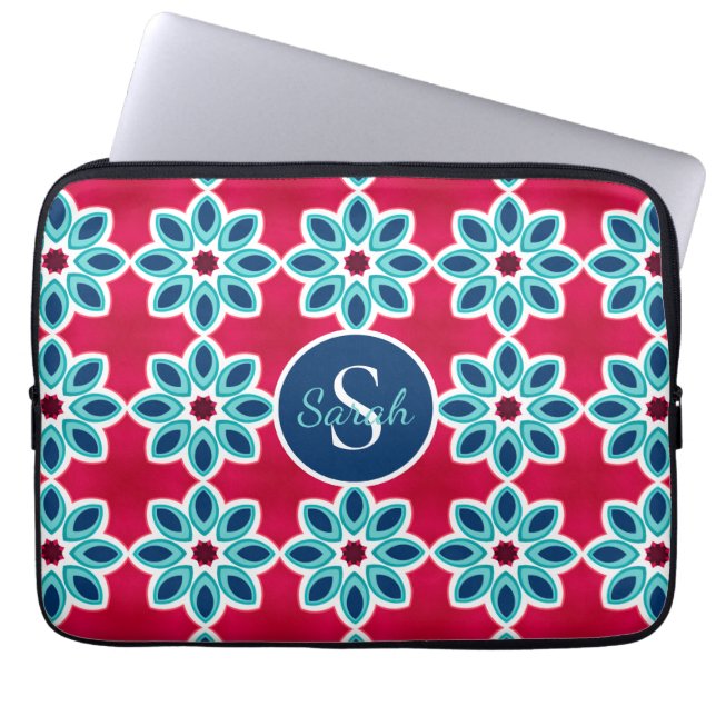 Capa Para Notebook Vermelho Brilhante e Monograma Geométrico Moderno  (Frente)