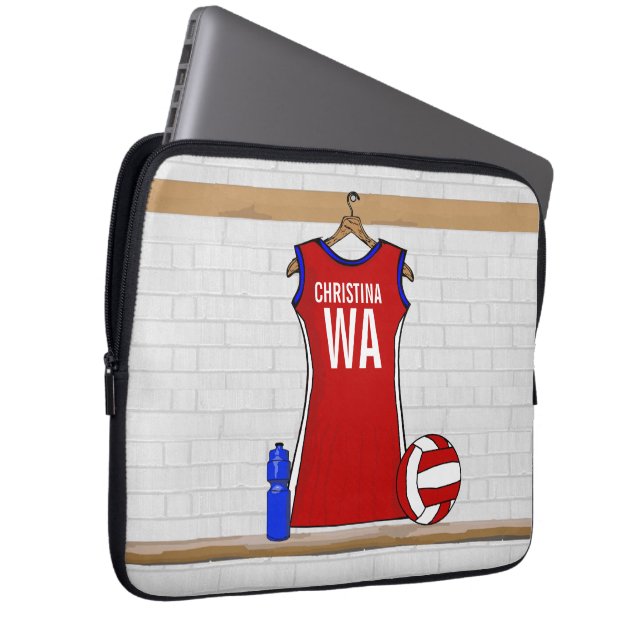 Capa Para Notebook Vermelho Uniforme Netball Personalizado com Azul e (Frente Esquerda)