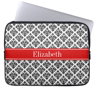 Capa Para Notebook Vintage Black White Damask #3 Red Name Monograma