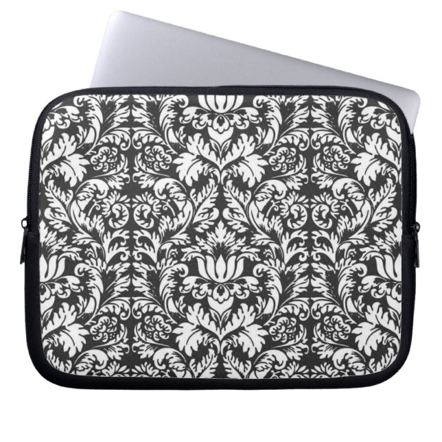 Capa Para Notebook Vintage Brocado de Renda de Damasco Preto e Branco (Frente)