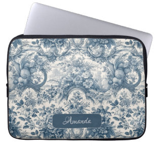 Capa Para Notebook Vintage floral Toile de jouy monograma azul