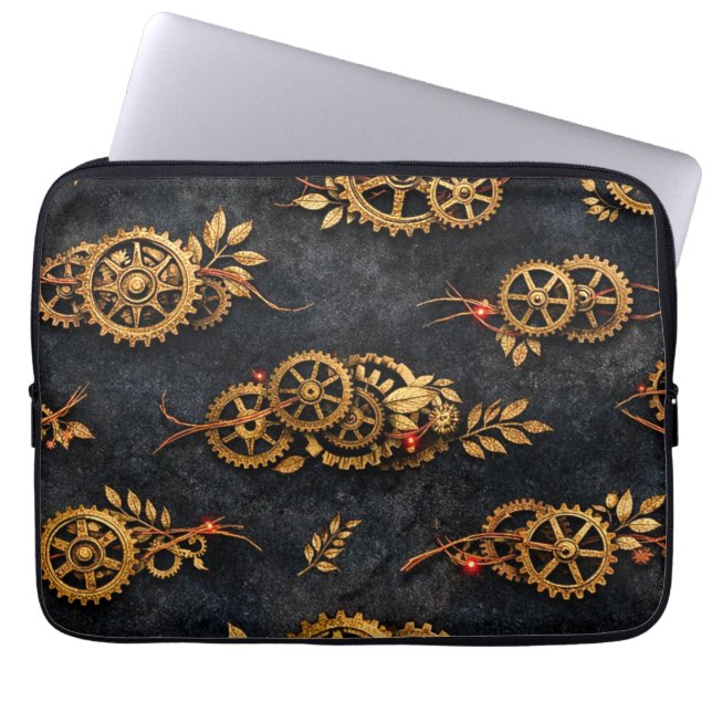 Capa Para Notebook Vintage Gold Gears & Red Neon Mythic Cyberpunk  (Frente)