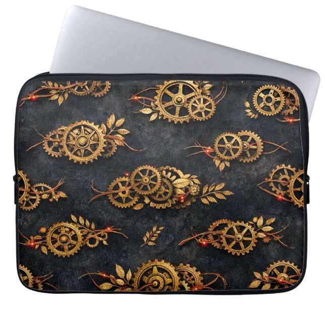 Capa Para Notebook Vintage Gold Gears & Red Neon Mythic Cyberpunk  (Frente)